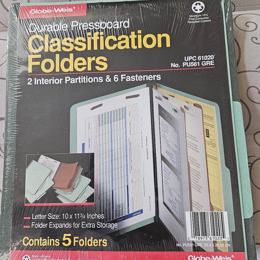 New Globe-Weis Durable Pressboard Classification Folders.  5 Pack. (10"x113/4").
